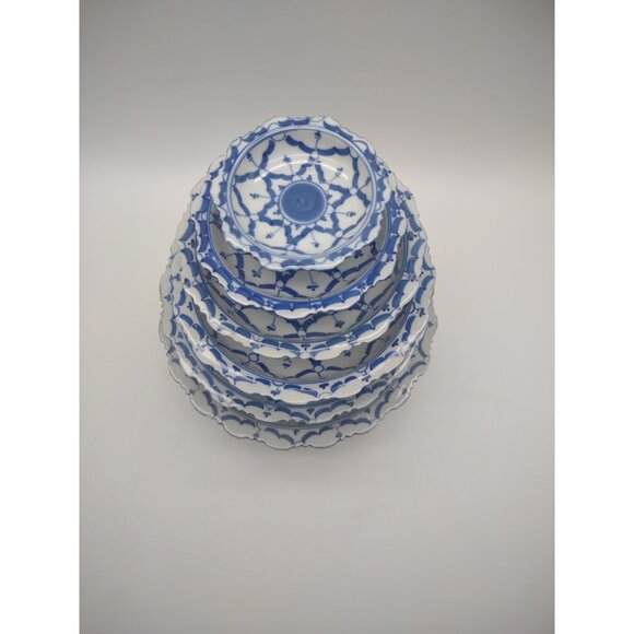 Vintage Set of 6 Blue White Floral Porcelain Stacking Pedestal Bowls 9.5” Tall - Picture 5 of 17